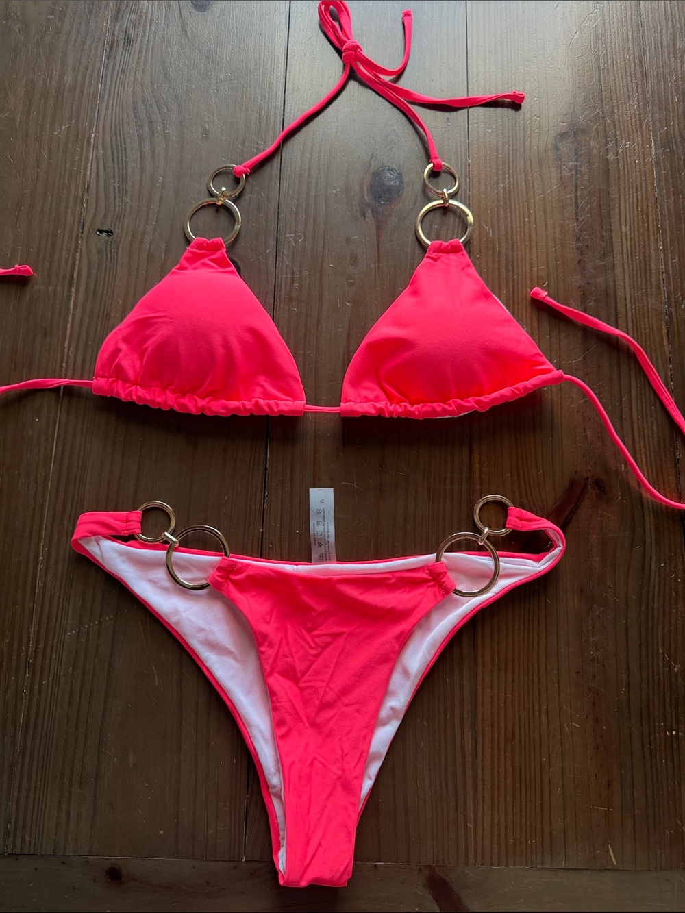 SHEIN Hot Pink Triangle Bikini with Gold Rings